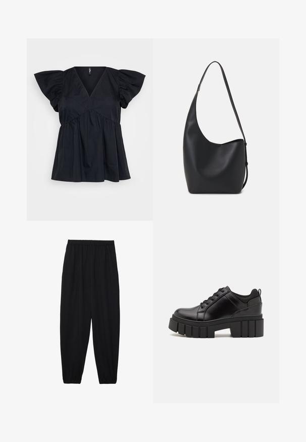 Čierny bavlnený top s výstrihom do V, krátkymi puff rukávmi a riasením v oblasti pásu pre voľný a splývavý strih.; Čierne, ľahké nohavice s elastickým pásom a zúženými nohavicami. Tkanina je hladká a má voľný, zúžený strih.; Čierne kožené platformy s masívnym blokovým podpätkom, okrúhlou špičkou a tradičným šnurovaním. Má hladký povrch a minimálne detaily.; Čierna kožená hobo taška so hladkou textúrou, zakriveným tvarom a jedným nastaviteľným popruhom; má široké otvorenie na vrchu.