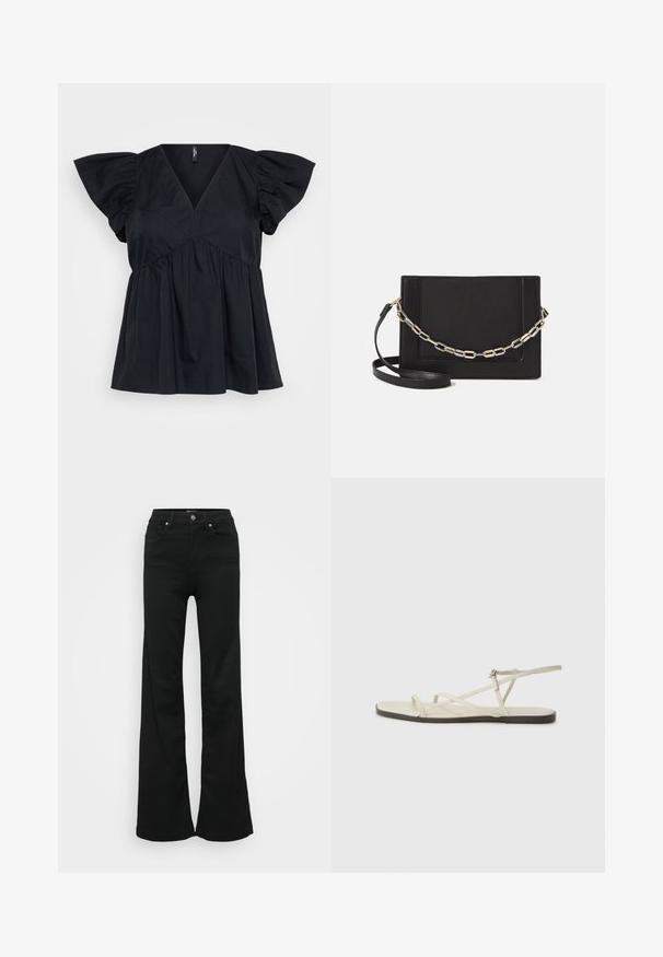 Black cotton top featuring a V-neck, short puff sleeves, and gathered detailing at the waist for a loose, flowing fit.; Black flared jeans made from denim, featuring a high waist, five pockets, and metal button closure. Smooth texture with minimal detailing.; Beige flat sandal with multiple slender straps and an adjustable buckle. The sole is flat with a slight dark contrast at the edge.; Black leather crossbody bag featuring a smooth texture, rectangular shape, and a metallic chain detail on the front. Adjustable strap included.