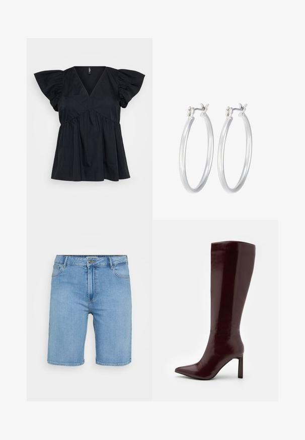 Mustest puuvillane top V-kaelusega, lühikeste puhvärvidega ja kogutud detailidega taljes, mis tagab vabalt langeva lõike.; Heledad sinine teksade lühikesed püksid klassikalise lõikega, millel on ees nööp sulgemine, vöökonksud ja kaks külge taskut. Silusd tekstuur ja sirge äär.; Even&Odd Saapad - dark red; Hõbedased rõngaskõrvarõngad, millel on sile, läikiv viimistlus. Ümmargune kuju ja turvaline klõpsulatus. Kerge disain, sobib igapäevaseks kandmiseks.