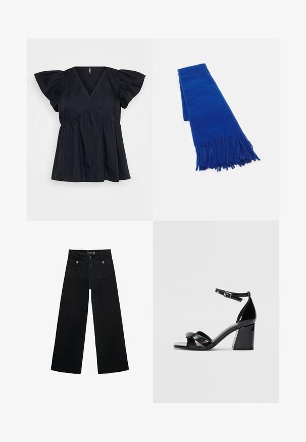 Musta puuvillapaita, jossa on V-pääntie, lyhyet puff-hihat ja kerätty yksityiskohta vyötäröllä, mikä luo löysän ja virtaavan istuvuuden.; Mustat leveälahkeiset farkut korkean vyötärön kanssa, joissa on kaksi etutaskua ja metalliset nappikoristeet. Kangas on sileä.; Mustat kiiltonahkaiset korkeakorkoiset sandaalit, joissa on neliömäinen varvasosa, ristikkäiset hihnat ja säädettävä nilkkalenkki. Tukeva korkea kanta.; Sininen kudottu huivi, jossa on hapsupäät, sileä rakenne, suorakaiteen muoto ja tasainen väri ympäriinsä. Sopii kylmälle säälle.