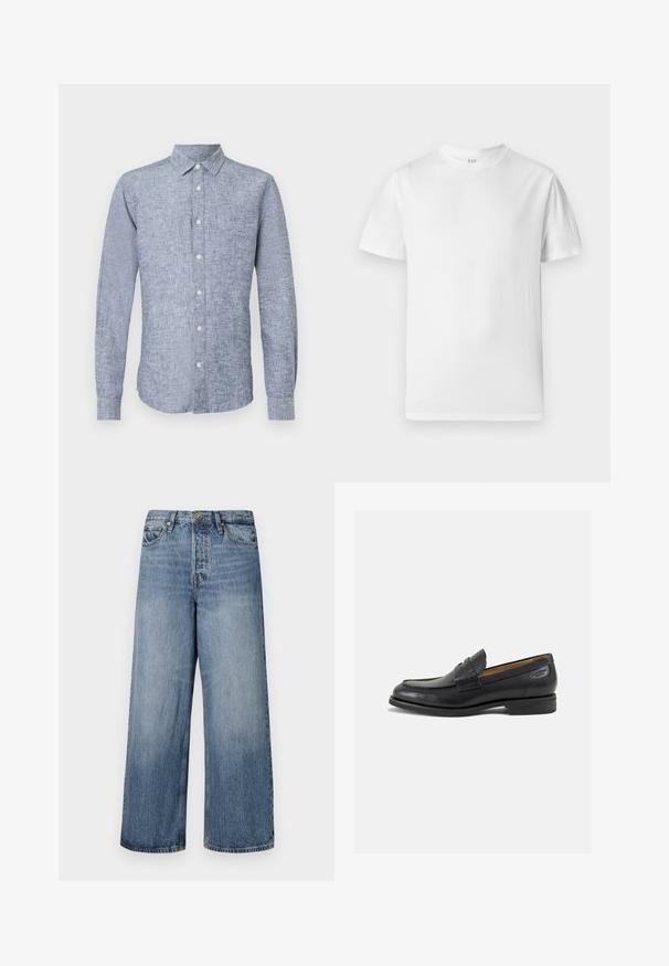 Blå linne långärmad skjorta med knapp-down krage, i en texturerad tyg och med rundad nederkant. Fem frambutoner i en enstaka rad.; Vit kortärmad t-shirt tillverkad av mjuk bomull. Har en rund halsringning och en rak fåll med minimal detaljering.; Breda blå denimjeans med en urtvättad look, femficksdesign och knäppning med knapp. Utrustade med bälteshällor och sydda detaljer.; Svarta läder loafers med en slät ytfinish, rund tå och dekorativ sömnad på vampen. Låg staplad klack och lätt glans.