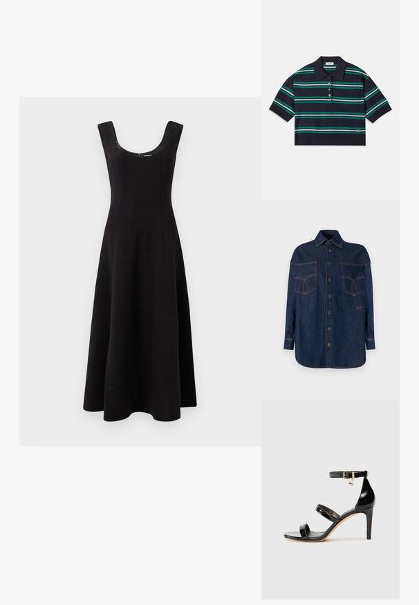 Jeansowa koszula w ciemnym niebieskim kolorze z zapięciem na guziki z przodu, z kołnierzykiem typu spread i dwiema dużymi kieszeniami na piersi. Posiada kontrastowe pomarańczowe szwy i hafty.; Granatowa koszulka polo w paski z krótkimi rękawami, z turkusowymi, białymi i szarymi paskami. Trzyguwkowy zapięcie i detal z logo na dole.; Czarna sukienka z okrągłym dekoltem, bez rękawów i rozkloszowanym krojem A-line. Posiada pionowe szwy dla dodatkowej struktury.; Czarne lakierowane sandały na paski z trzema paskami, zapięciem na kostce i 10-centymetrowym obcasem w szpilce. Zawierają złote detale oraz zawieszkę z logo.; Czarna pikowana skórzana torebka z złotym łańcuchem, z okrągłym zapięciem. Kompaktowy prostokątny kształt o gładkiej fakturze.