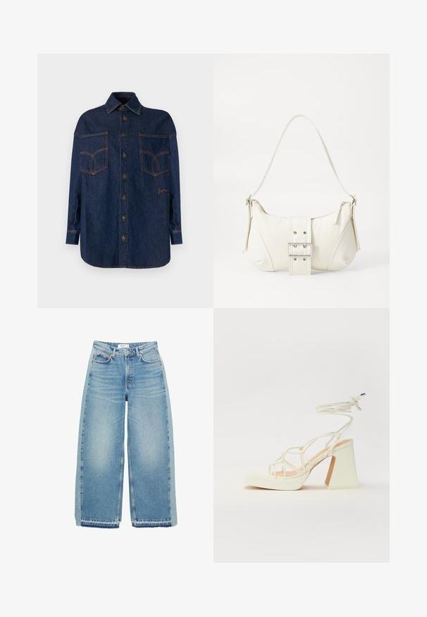 Cămașă din denim de culoare albastru închis, cu închidere tip buton, guler cu colțuri răspândite și două buzunare mari pe piept. Prezintă cusături și broderie contrastante de culoare portocalie.; Jeans de denim albastre deschis, cu croi larg, având talie înaltă, închidere cu nasture, buzunare frontale și tiv brut.; Sandale albe cu toc înalt și gros, cu un design cu curele și legătură la gleznă. Textură netedă, cu o platformă frontală pentru înălțime suplimentară.; Geantă albă de umăr cu un finisaj texturat, un accent cu cataramă centrală și o formă curbată. Încărcătoare cu fermoar pe ambele laturi.