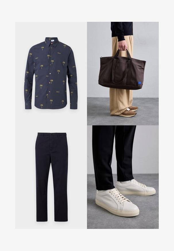 Camisa de botones color marino hecha de algodón, con bordado de palmeras amarillas y la palabra "SUEÑO" en un patrón repetido. Cuello y puños clásicos.; PS Paul Smith TROUSER - Pantalones chinos - dark blue; Zapatillas de cuero color beige claro con cordones planos, una superficie texturizada y una suela de goma color crema en contraste, combinadas con pantalones negros ajustados.; Bolso tote de nailon marrón con asas dobles, cierre de cremallera y un parche de logo azul. Textura suave, diseño estructurado, interior espacioso.