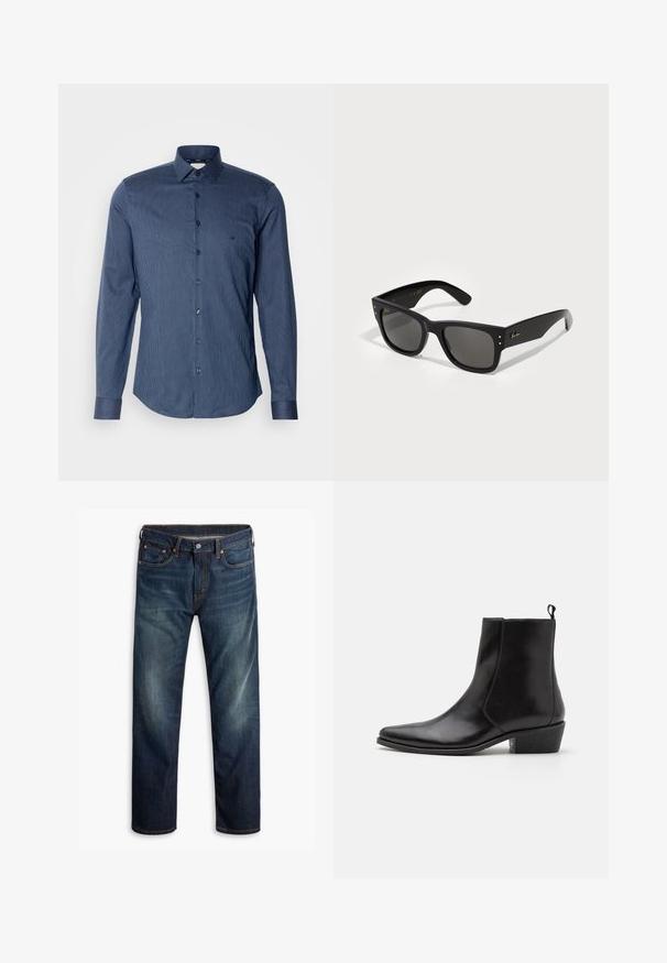 Blauw gestreept overhemd met lange mouwen van katoen. Bevat een klassieke kraag, knoopsluiting aan de voorkant en een ronde onderkant. Gelaagd stof met een subtiele glans.; AllSaints BRACE CREW - T-shirt basic - CARTER GREY; Donkerblauwe denim jeans met lichte vervaging op de dijen, vijf-pocket ontwerp, knoopsluiting en zichtbare oranje stiksels op een witte achtergrond.; Zign LEATHER - Cowboy-/Bikerlaarsjes - black; Zwarte zonnebril met een vierkant montuur, voorzien van donkere lenzen. Aangevuld met kleine gouden stippen en een gouden logo op de poot. Soepele textuur.