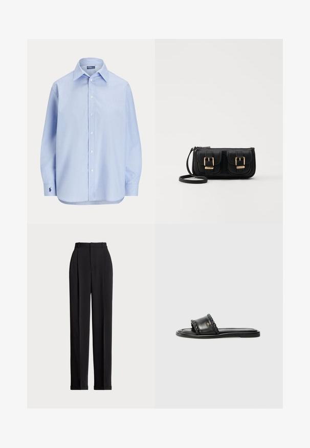 Gaiši zils krekls no kokvilnas auduma, ar klasisku apkakli, garām piedurknēm un mazu izšūtu logotipu uz piedurknes.; Melnas piegriezuma bikses ar augstu jostasvietu, priekšā ar krokām, taisna kāju dizains un ar aprocēm. Izgatavotas no gludas auduma.; Melnas ādas sandalītes ar austiem siksnu elementiem, plakana zole un elegants dizains. Gluda tekstūra un minimālistisks profils.; Melnas ādas crossbody soma ar divām priekšējām kabatām, zelta sprādzēm, ar rāvējslēdzēju aizdari un šauru siksnu. Strukturēta virsma un kompakta taisnstūra forma.