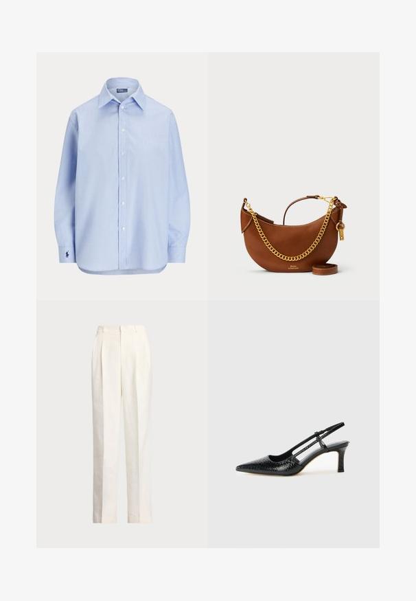 Camisa azul clara de botão em tecido de algodão, com colarinho clássico, mangas longas e um pequeno logótipo bordado na manga.; Polo Ralph Lauren HEMP WIDE LEG PANT - Calças - nevis; Salto slingback em patente preta com bico apontado, apresentando um padrão de pele de cobra texturizado, tira ajustável e um salto bloco curto e texturizado.; Bolsa de mão de couro castanho com um design curvado, alça de corrente dourada, bolso interior e uma alça de ombro destacável. Apresenta costura em contraste.
