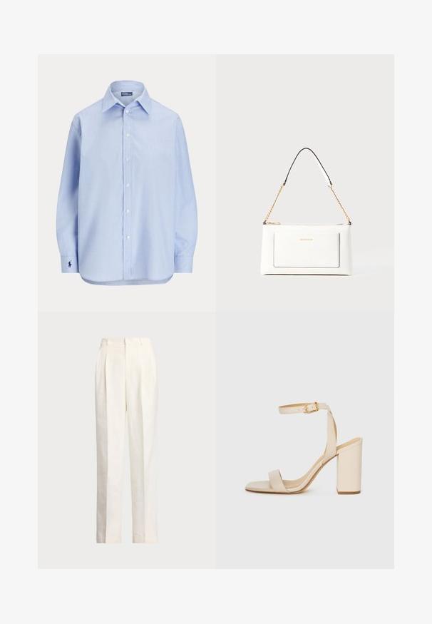 Camisa azul clara de botão em tecido de algodão, com colarinho clássico, mangas longas e um pequeno logótipo bordado na manga.; Polo Ralph Lauren HEMP WIDE LEG PANT - Calças - nevis; Sandalha de salto alto bege com bico quadrado, tira fina no tornozelo e salto bloco. Textura de couro suave com detalhe de fivela dourada.; Bolsa de mão branca em couro com acabamento texturizado, featuring a corrente dourada e detalhes pretos. Inclui um bolso frontal e fecho com zipper.
