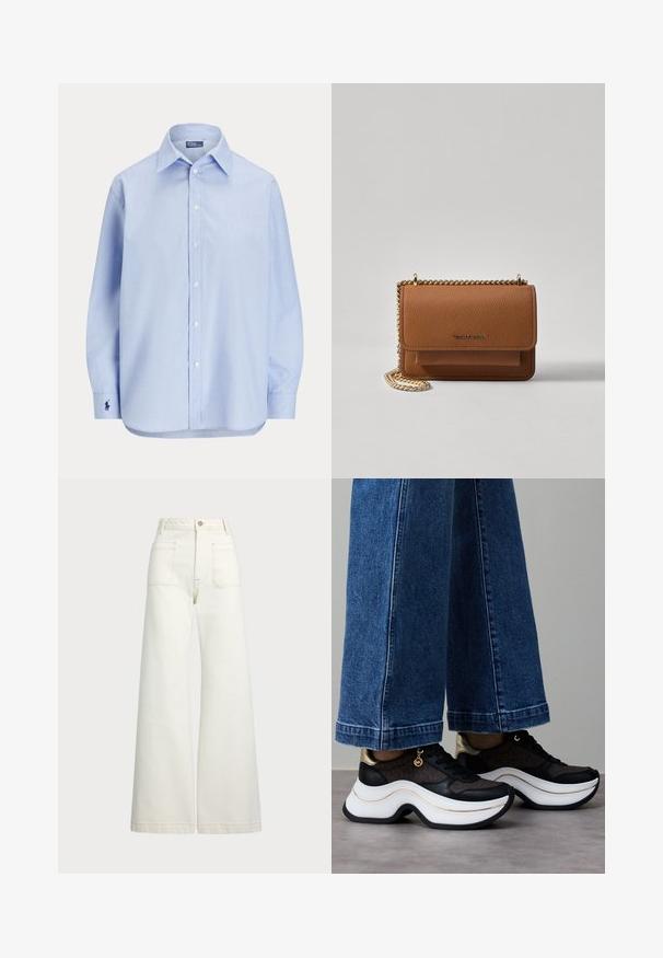 Lyseblå skjorte i bomull, med klassisk krage, lange ermer og en liten brodert logo på mansjetten.; Vidde bukser i off-white denim. Høyt liv-design med knappelukking, to frontlommer og kontrastsøm detaljer.; Svarte og gullfargede sneakers med buet hvit såle. Strukturert stoff med logodetaljer. Kombinert med vide blå denimbukser.; Brun teksturert lær crossover-veske med gullkjede-stropp og klaffelukking. Fronten har logo-detalj og en lomme under klaffen.
