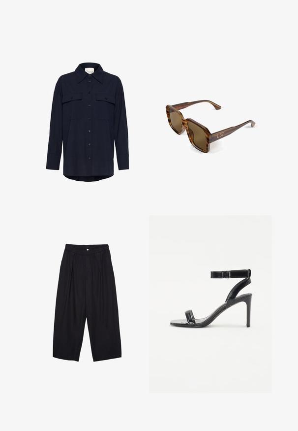 Camicia blu navy con colletto, due tasche sul petto e maniche lunghe. Tessuto morbido con vestibilità ampia e orlo curvo.; Pantaloni culotte neri in poliestere con una cintura elastica, due pieghe frontali e una silhouette ampia. Nessun motivo visibile o dettagli in metallo.; Sandal nero con tacco a spillo, dalla finitura lucida, caratterizzato da due sottili cinghie e una cinghia alla caviglia.; Occhiali da sole tartarugati marroni con montatura squadrata, lenti scure e branding dorato "L37" sulle aste. Texture liscia, design leggero.