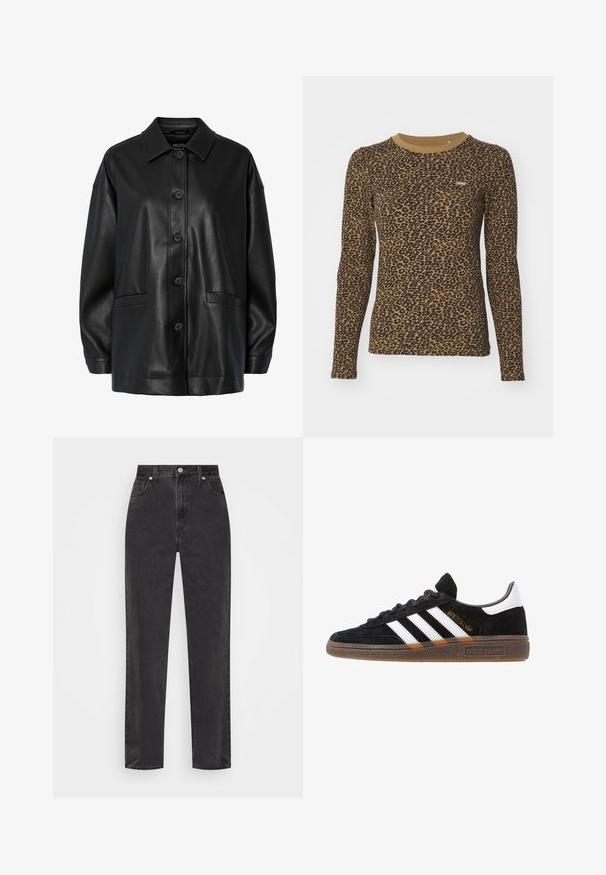 Black leather jacket with a collared neck, front button closure, and two side pockets. Features a smooth texture and relaxed fit.; Brown long-sleeve t-shirt featuring a leopard print pattern, round neckline, and slight stretch. Small logo patch on the front.; Straight-leg black denim jeans with high waist, front button and zipper, and five-pocket styling on a white background.; Black Adidas sneaker with white stripes, gold "Spezial" text, gum sole, and white heel tab, shown in profile view.