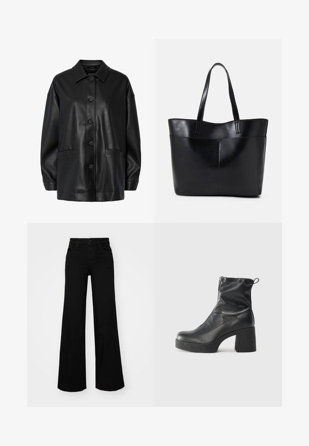Black leather jacket with a collared neck, front button closure, and two side pockets. Features a smooth texture and relaxed fit.; Black wide-leg pants made of denim, featuring a structured waistband, belt loops, and front pockets. Smooth texture with a classic design.; Black ankle boots made of smooth leather, featuring a side zipper, chunky textured heel, and rounded toe design.; Black leather tote bag with two long handles, a smooth texture, and a structured shape. Features a front pocket for additional storage.