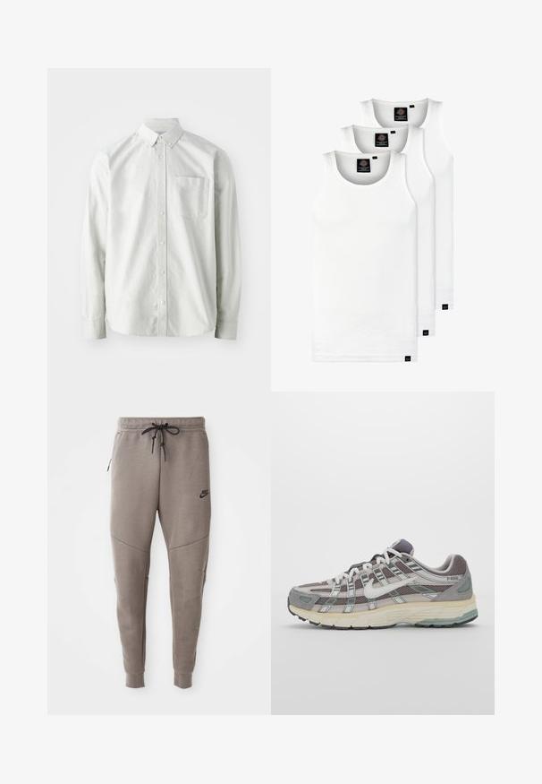 Vaaleanharmaa nappikauluspaita, jossa on pitkät hihat, kauluskäänteet ja yksi rintatasku. Valmistettu sileästä, kudotusta kankaasta.; Kolme valkoista ribbitekstiilistä toppia, jotka on valmistettu puuvillasta. Ominaisuuksiin kuuluu pyöreä pääntie ja pieni musta etiketti helman lähellä. Saatavilla useissa kooissa.; Harmaat Nike-juoksuhousut, joissa on kiristysnyöri vyötäröllä, kapeat lahkeet, sivutaskut ja erottuva sauman yksityiskohtaisuus. Pehmeä, tekstuuri kangas.; Harmaa urheilukenkä, jossa on verkko- ja mokkanahkainen yläosa, valkoiset yksityiskohdat, pehmustettu pohja ja erottuva muotoilu heijastavilla elementeillä.
