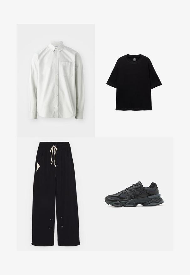 Camicia button-up grigia chiara con maniche lunghe, colletto e una tasca sul petto. Realizzata in un tessuto liscio e intrecciato.; T-shirt nero a maniche corte in cotone, con scollatura rotonda e vestibilità comoda. Texture liscia con dettagli di cucitura minimi.; Pantaloni neri a gamba larga realizzati in un morbido tessuto, con vita regolabile tramite cordino, tasche laterali e una tasca accentuata triangolare. Include dettagli in hardware argentato.; Scarpa da corsa nera con una combinazione di materiali in rete e sintetici, suola spessa, design curvo e marchio ben visibile sul lato.