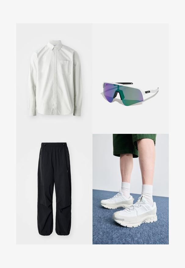 Gai pelēks pogājams krekls ar garām piedurknēm, apkakles kakla daļu un vienu krūšu kabatu. Izgatavots no gludas, austas auduma.; Melnas vieglas kravas bikses ar elastīgu jostu, sānu rāvējslēdzējiem un plašām kabatām. Izaicinājumu veido brīvi pieguļoša piegriezne un sašaurināti aproces.; Baltas sporta apavi ar teksturētām detaļām, masīvu zoli un pelēkiem akcentiem. Valkāti ar baltiem zeķu pēdu apģērbiem un zaļām šortiem uz zilas virsmas.; Sporta saulesbrilles ar baltu rāmi un lielām gradienta lēcām, kas ir purpursarkanas un zaļas; asu stūrainu dizainu ar centrālu deguna tiltu.