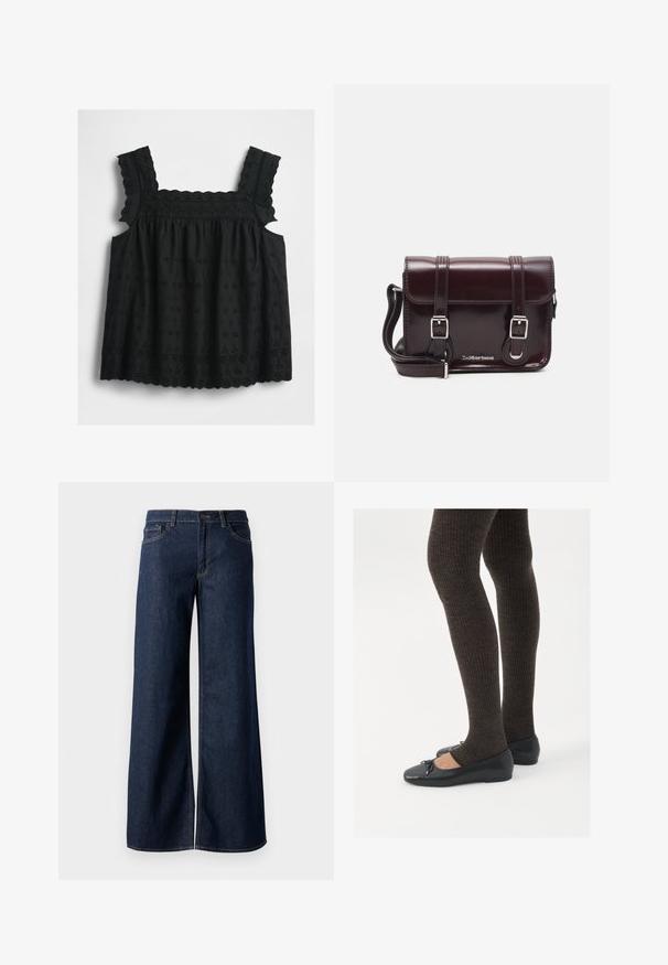 Top sans manches noir avec des bretelles volantes, broderie florale en œillets, ourlet festonné et corsage froncé pour un ajustement ample et fluide.; Jean large en denim bleu foncé. Présente des coutures contrastées, cinq poches et une fermeture par bouton à la taille. Texture lisse.; Chaussures plates noires avec un petit nœud au niveau des orteils, associées à des collants côtelés marron foncé. Les chaussures ont une texture lisse et un profil bas.; Sac à bandoulière en cuir verni bordeaux, de forme rectangulaire, avec deux bandoulières, des accessoires en argent et une fermeture à rabat.