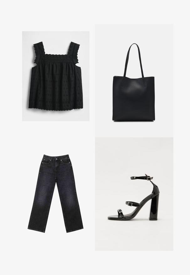 Crna bez rukava s trakama s volanima, cvjetnim vezenjem od čipke, rubom s valovima i skupljenim korzetom za opušteni, lepršavi izgled.; Crne traperice visokog struka s širokim nogavicama, dizajn s pet džepova i vidljivim šavovima. Tkanina ima glatku, blago teksturiranu završnu obradu.; Crne lakirane sandale na pete sa kvadratnim nosom, trakama oko gležnja i srebrnim kopčama. Imaju čvrst blok petu za stabilnost.; Crna kožna torba za nošenje s glatkom teksturom, pravokutnim oblikom i dvije duge ručke. Nema vidljivih metalnih dijelova ili ukrasa.