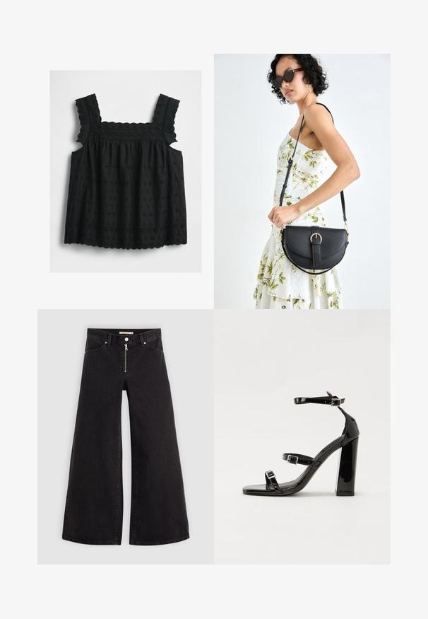 Melnā bezpiedurkņu blūze ar viļņotām siksnām, ziedu acs izšuvumu, viļņotu apakšmalu un sakļautu krūšu daļu brīvai, plūstošai piegulšanai.; Platas kājas džinsi melnā džinsa audumā ar rāvējslēdzēju priekšā, piecu kabatu dizains un smalkas šuvju detaļas. Gluda tekstūra un ikdienišķs stils.; Melnas lakotas augstpapēžu čības ar kvadrāta purngalu, potīšu siksniņām un sudraba sprādzēm. Aprīkotas ar masīvu bloku papēdi stabilitātei.; Melnas ādas rokassoma ar izliekta formu, noņemamu siksnu un zelta aksesuāriem. Somai ir vāciņš ar sprādzes detaļu.