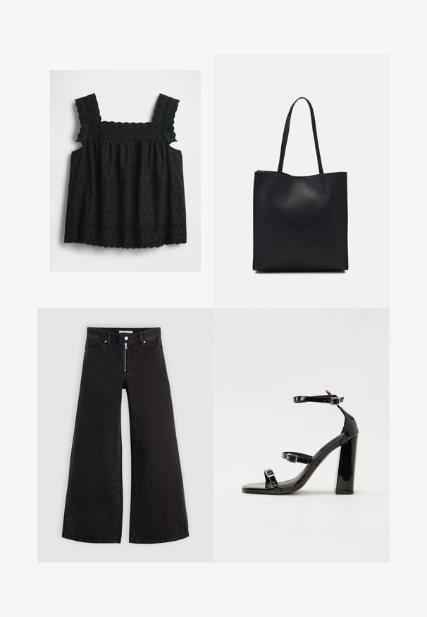 Czarny bezrękawnik z falbankowymi ramiączkami, haftem w kwiatowy wzór, falbaniastym wykończeniem i marszczonym fasonem, zapewniający luźny i swobodny krój.; Jeans o szerokich nogawkach w czarnym denienie z zamkiem błyskawicznym z przodu, pięcioma kieszeniami i subtelnymi detalami przeszycia. Gładka tekstura i swobodny styl.; Czarne lakierowane sandały na obcasie z kwadratowym noskiem, z paskami wokół kostki i srebrnymi klamrami. Posiadają masywny słupek dla stabilności.; Czarna skórzana torba tote o gładkiej fakturze, prostokątnym kształcie i dwóch długich uchwytach. Brak widocznych elementów metalowych i ozdób.