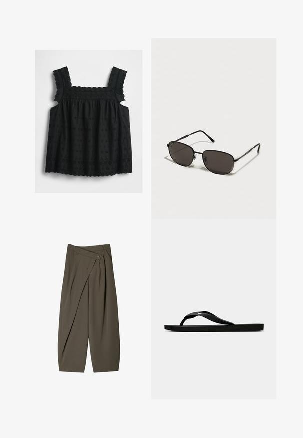 Crna bez rukava s trakama s volanima, cvjetnim vezenjem od čipke, rubom s valovima i skupljenim korzetom za opušteni, lepršavi izgled.; Široke hlače od tamno maslinaste tkanine, s naboranim prednjim dijelom, kopčanjem na gumb i sjajnom, teksturiranom površinom.; Crne gumene japanke s teksturiranim remenom i jednostavnom ravnom potplatom, prikazane s strane na jednostavnoj svijetloj pozadini.; Crne metalne naočale s ovalnim okvirima, tamnim staklima, tankim nogicama i suptilnim logotipom na lijevom staklu. Elegantna, minimalistička dizajn.