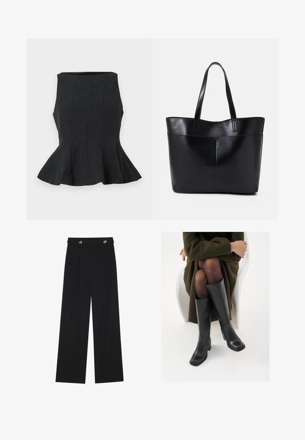 Juoda, be rankovių peplum viršutinė dalis su struktūrizuotu dizainu. Savyje turi tekstūruotą medžiagą ir platėjantį kraštą, suteikiantį pritaikytą išvaizdą.; Juodi plačios kojos kelnės su aukštu liemeniu, sagų detalėmis ant liemens ir priekinėmis raukšlėmis.; Juodos odinės pradžios ilgio bateliai su kvadratu formos nosimi ir bloko kulnu, demonstruojami su modeliu, sėdinčiu alyvuogių žalios spalvos švarku. Lygi tekstūra, minimalus puošimas.; Juoda odinė rankinė su dviem ilgais diržais, lygiu paviršiumi ir struktūrizuota forma. Yra priekinė kišenė papildomam saugojimui.