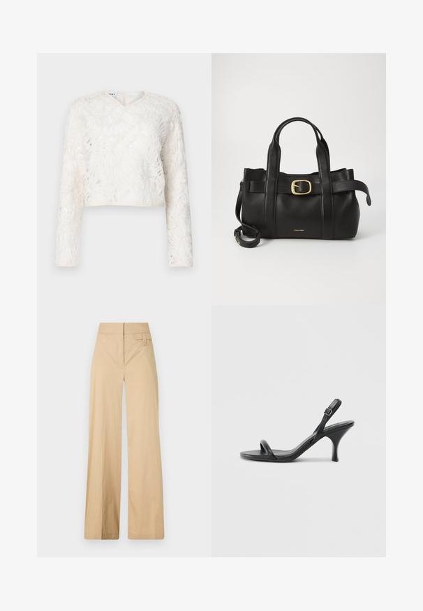 Haut court blanc avec manches longues, décolleté en V, tissu texturé avec des motifs évoquant des feuilles et une subtile apparence transparente.; Pantalons larges beige en coton mélangé. Caractéristiques : texture lisse, taille élastique et détail à bouton sur le côté.; Sandales à talons hauts en cuir noir avec un talon fin et courbé et un design de brides croisées. Bride de cheville réglable. Texture lisse.; Sac à main en cuir noir présentant un design structuré, deux poignées supérieures, un accent de boucle en ton doré et un logo de la marque en relief à l'avant.