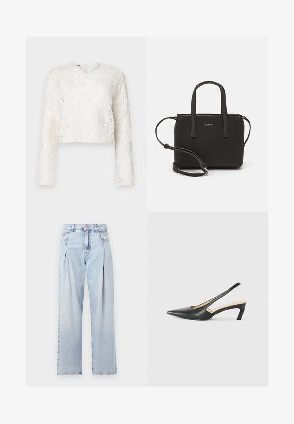 White cropped top featuring long sleeves, a V-neckline, textured fabric with leaf-like patterns, and a subtle sheer appearance.; Light blue denim jeans with a high waist, wide-leg cut, two side pockets, and pleated design feature. Soft texture with a faded finish.; Black pointy-toed slingback shoe with a low heel, featuring smooth leather material and cut-out design on the side for breathability.; Black handbag with dual short handles and a removable shoulder strap. Smooth leather-like material with a zip closure and logo detail.