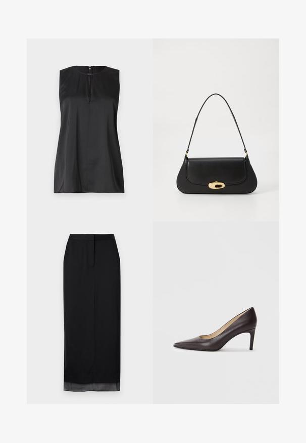 Svart ermeløs topp med rund hals, nøkkelhulldetalj foran og en glatt satinlignende tekstur. Minimalistisk design med rene linjer.; Svart lang skjørt laget av glatt stoff. Har en rett silhuett med en subtil gjennomsiktig kant, skreddersydd liv og detalj med split bak.; Svarte lær høyhælte pumps med spiss tå, glatt tekstur og slank stiletthæl. Innvendig vises en beige fôr.; Svart lærveske med en buet design, gullfarget hardware og et håndtak på toppen. Har en elegant lukking og glatt tekstur.