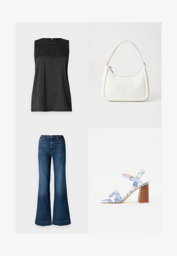 Svart ärmlös topp med rund halsringning, nyckelhålsdetalj fram och en slät satinliknande yta. Minimalistisk design med rena linjer.; 7 for all mankind MODERN DOJO REBEL - Wide leg - dark blue; Blå blommönstrad sandalett med fyrkantig tå, bred rem och justerbar vristrem, med en texturerad träklack.; Vit läderhandväska med en böjd form, som har en präglad "CK"-logotyp på framsidan och ett enda axelband. Dragkedjestängning upptill.