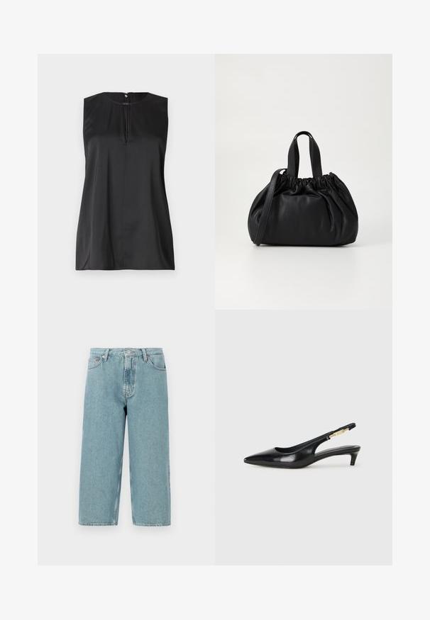 Svart ermeløs topp med rund hals, nøkkelhulldetalj foran og en glatt satinlignende tekstur. Minimalistisk design med rene linjer.; Lyseblå denimshorts med høy midje, rett snitt og rå kant. Har klassisk knapp- og glidelås-lukking, samt fire lommer.; Sorte lærreim hæler med spiss tå, som har en slank hæl og en gullfarget detalj på den justerbare stroppen. Glatt tekstur.; Svart lærveske med en samlet toppdesign, som har to korte håndtak og en lang justerbar stropp. Glatt tekstur, rund form.