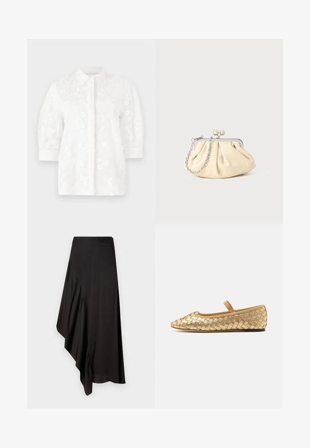 White embroidered blouse with a collared neck, three-quarter sleeves, floral patterns, and button closure down the front.; AERON ASTER SKIRT - Pencil skirt - black; Loeffler Randall LEONIE SOFT BALLET FLAT - Ankle strap ballet pumps - gold; Pleated beige leather clutch with a silver metal frame, featuring two round decorative clasps and a silver chain strap.