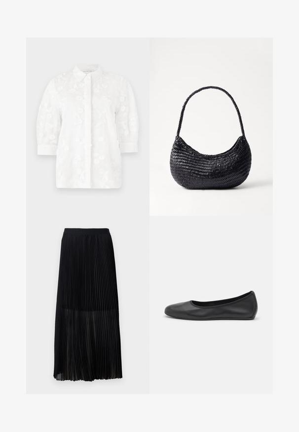 White embroidered blouse with a collared neck, three-quarter sleeves, floral patterns, and button closure down the front.; Black pleated midi skirt with a smooth, elastic waistband and sheer overlay, featuring fine vertical pleats throughout the fabric.; Black leather ballet flat with a rounded toe, smooth texture, minimal stitching detail, and a flexible sole design.; DRAGON DIFFUSION NOVA LUNA - Handbag - black