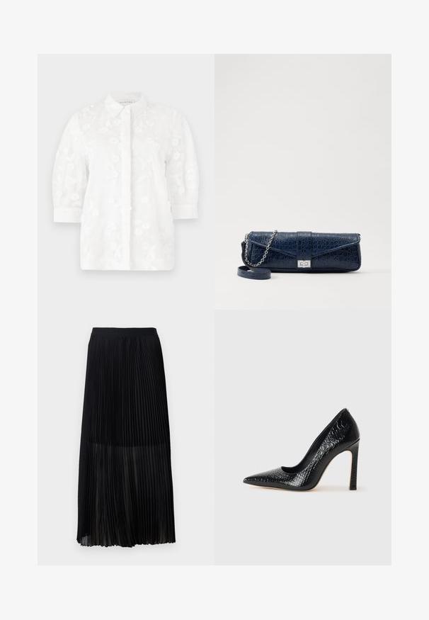 Biela vyšitá blúzka s golierom, trojštvrťovými rukávmi, kvetinovými vzormi a zapínaním na gombíky vpredu.; Čierna plisovaná midi sukňa s hladkým, elastickým pásom a priesvitnou vrstvou, ktorá má jemné vertikálne plisovanie po celej textílii.; Čierna lodička s špicatou špičkou a lakovanou textúrou krokodíla, s elegantným dizajnom, vysokým stiletto podpätkom a hladkým čiernym interiérom.; Tmavomodrá kožená kapsička s krokodílovou textúrou, strieborný reťazový popruh a kovová spona. Obdĺžnikový tvar so sklápacím dizajnom.