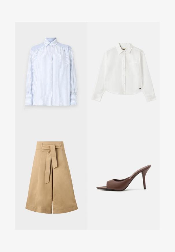 Light blue striped button-up shirt with a collar, puffed sleeves, and elastic cuffs. Textured shoulder accents contrast with the smooth fabric.; White cropped long-sleeve shirt made of cotton. Features a button-up front, a chest pocket, and a small black logo on the bottom left.; Khaki midi wrap skirt with a tie belt, made of lightweight cotton, featuring a flared silhouette and visible stitching details.; Brown leather open-toe high-heeled mules with a sleek design, featuring a wide front strap and a slender stiletto heel.