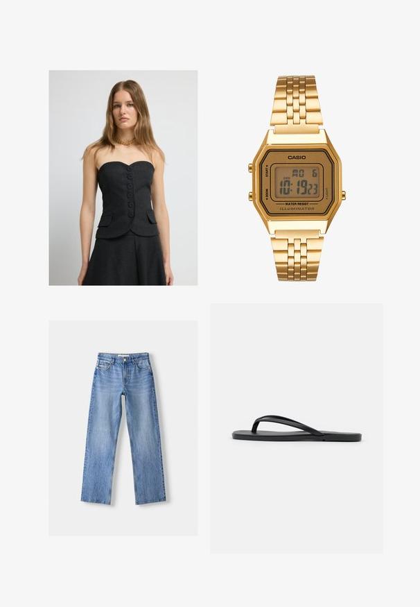 Schwarzes trägerloses Oberteil aus strukturiertem Stoff, mit sechs großen Knöpfen, zwei seitlichen Taschen und einer taillierten Passform, kombiniert mit einem passenden Rock.; Hellblaue Denim-Jeans mit geradem Bein, fünf Taschen, Knopfverschluss vorne und subtilen Verwaschungen für Textur.; Schwarze Flip-Flops mit minimalistischem Design, flacher Sohle, schmalen Riemen und glatter Textur. Keine zusätzlichen Muster oder Akzente.; Goldene Digitaluhr mit quadratischem Ziffernblatt, LCD-Display, Edelstahlarmband und Tasten an der Seite. Verfügt über eine wasserdichte Kennzeichnung.