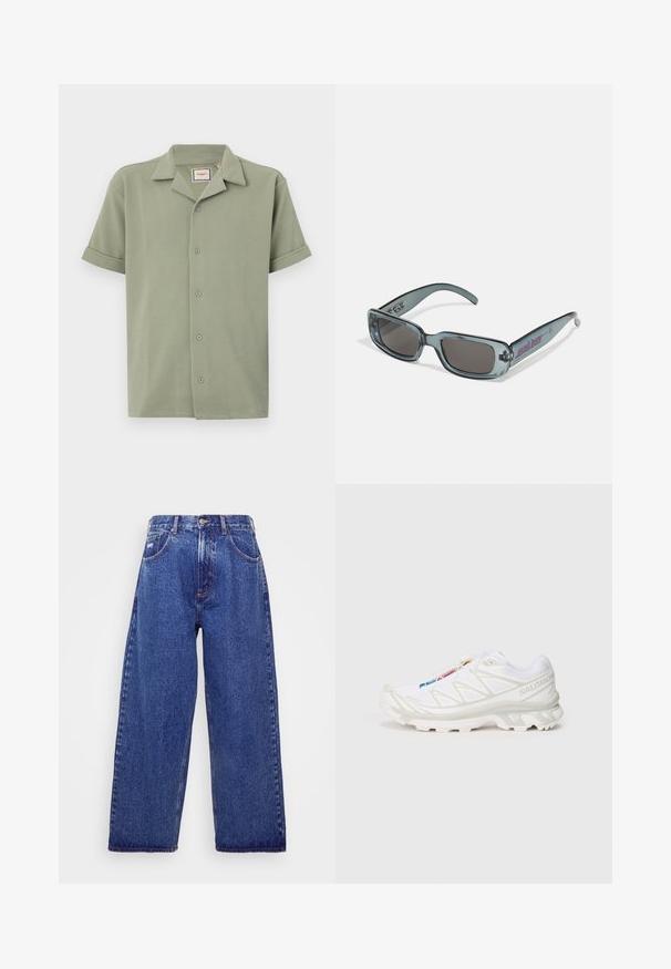 Rövidujjú ing világoszöld színben, texturált anyagból készült, kiemelt gallérral és hat gombbal záródik elöl. A felgöngyölt ujjak laza illeszkedést biztosítanak.; Széles lábú, kék farmernadrág magas derékkal, öt zsebbel, gombos záródással és finom kopással a textúra érdekében.; Fehér sportcipő texturált hálós felsőrésszel, fényvisszaverő részletekkel és párnázott talppal. Figyelemre méltó márkalogó az oldalon.; Santa Cruz INFERNO UNISEX - Napszemüvegek - crystal black
