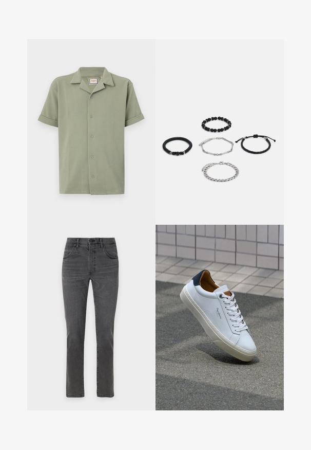 Rövidujjú ing világoszöld színben, texturált anyagból készült, kiemelt gallérral és hat gombbal záródik elöl. A felgöngyölt ujjak laza illeszkedést biztosítanak.; Szürke farmernadrág egyenes lábakkal, öt zsebbel és elülső cipzárral. Finoman kopott hatás jellemzi, kontrasztos öltésekkel.; Fehér bőr sneaker sötétkék sarkúval, kerek orral és kontrasztos barna részletekkel. Lapított fűzőkkel és textúrált gumitalppal rendelkezik.; Öt karkötő: két fekete gyöngy karkötő, egy textúrált fekete zsinór, egy ezüst lánc és egy állítható záras fekete fonott zsinór.