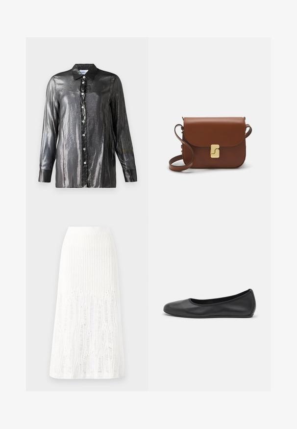 mustan, läikiva nööbiga särk, millel on läikiv tekstuur, pikad varrukad ja klassikaline krae. Esiosas on valged nööbid.; Kootud valge midi seelik, millel on tekstuurine muster vertikaalsete joonte ja lõike-detailidega hemmi lähedal. Elastne vöökoht. Pehme materjal.; Musthave mustika tantsutossud mustast nahast, ümmarguse varbaga, siledast tekstuurist, minimaalse õmblusdetailiga ja paindliku tallakujundusega.; Pruunist nahast käekott, millel on klapiga sulgur, kuldne riistvara, õlarihm ja sile tekstuur. Kompaktne ristkülikukujuline vorm.