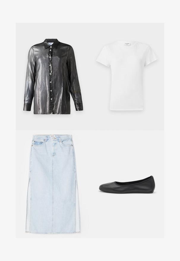 Camisa negra, brillante, de botones con textura lustrosa, mangas largas y cuello clásico. Presenta botones blancos en la parte delantera.; Camiseta blanca de algodón con cuello redondo y mangas cortas, que presenta un corte relajado y un diseño minimalista. Etiqueta visible en el cuello.; Falda maxi de mezclilla azul claro con corte recto, que presenta aberturas laterales y diseño de cinco bolsillos. Costuras prominentes y cierre de botón metálico.; Bailarina de piel negra con punta redondeada, textura suave, detalle de costura minimalista y diseño de suela flexible.