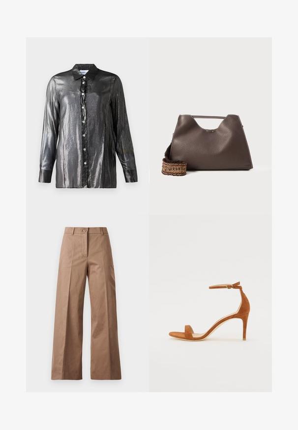 mustan, läikiva nööbiga särk, millel on läikiv tekstuur, pikad varrukad ja klassikaline krae. Esiosas on valged nööbid.; Pruunid lai jalgadega püksid, mis on valmistatud siledast kangast, esise nööbiga kinnitusega, kahte esist taskut ja puhtaid, vormitud jooni.; Pruun nubukist kõrge kontsaga sandaal, millel on õhuke pahkluu rihm kullaga klambriga, avatud varvas ja stiilne, minimalistlik disain.; Pruun nahkne käekott tekstureeritud viimistlusega, nurkadega disain ja silmapaistev ülemine sang. Omab mustriga kootud rihma detaili.