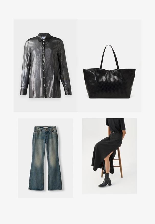 Cămașă neagră, lucioasă, cu nasturi, dintr-un material glossy, cu mâneci lungi și guler clasic. Dispune de nasturi albi pe față.; Jeans evazați albaștri cu o spălare decolorată, cinci buzunare și închidere cu nasture. Materialul arată o textură de denim cu detalii de cusătură subtile.; Fustă maxi din in negru cu o fanta înaltă, purtată cu un tricou negru și cizmulițe negre până la gleznă. Design minimalistic cu o croială lejeră.; Geantă de umăr țesută neagră, cu două mânere rezistente, având o textură lucioasă și un design deschis, spațios la partea superioară.