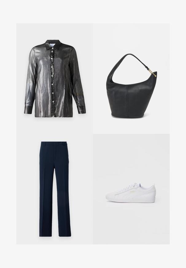 Camicia nera lucida con una texture brillante, maniche lunghe e colletto classico. Presenta bottoni bianchi lungo la parte anteriore.; Pantaloni blu navy realizzati in tessuto morbido, con un design a gamba dritta, pieghe frontali e tasche laterali per un look sartoriale.; Sneaker Puma bassa bianche con lacci, branding discreto sul lato e sulla suola, e tomaia in sintetico liscio per un look casual.; Borsa a tracolla in pelle nera con forma arrotondata, una tracolla ampia e una finitura testurizzata. Presenta un dettaglio di cucitura discreto e un dettaglio in metallo dorato.
