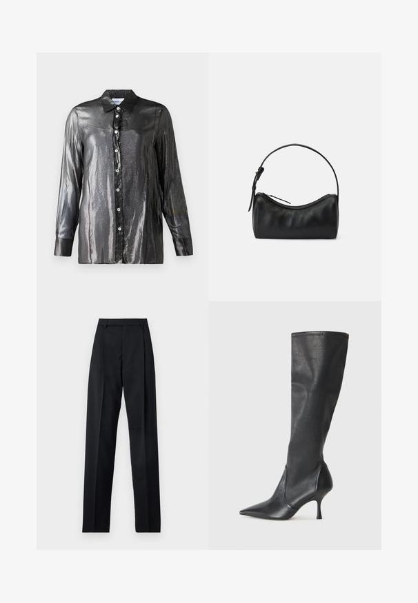 Črn, sijoč srajc z gumbi, z glosirano teksturo, dolgimi rokavi in klasičnim ovratnikom. Ima bele gumbe vzdolž sprednje strani.; Črne hlače iz gladkega materiala, ki imajo visok pas, široke noge, sprednje nabore in klasične zanke za pas. Nevidni stranski žepi.; Črne usnjene škornje do kolen s koničastim nosom in ozkim stiletto peto. Gladka tekstura z oblikovanim dizajnom in šivi na zgornjem robu.; Črna usnjena torbica za rame s ukrivljeno zasnovo, zadrgo in ožjim trakom. Ima gladko teksturo in subtilne detajle v šivanju.