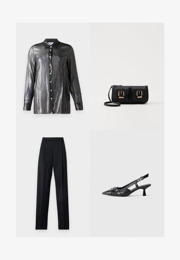 Schwarz, glänzendes Hemd mit Knöpfen, glänzender Textur, langen Ärmeln und klassischem Kragen. Verfügt über weiße Knöpfe entlang der Vorderseite.; Schwarze Hosen aus glattem Stoff mit hoher Taille, weitem Bein, vorderen Falten und klassischen Gürtelschlaufen. Keine sichtbaren Seitentaschen.; Schwarzer Leder-Slingback-Schuh mit spitz zulaufender Zehenpartie, dekorativen Riemen mit METALLÖSEN und niedrigem Blockabsatz. Strukturelle Oberfläche.; Schwarze Leder-Umhängetasche mit zwei vorderen Taschen, goldenen Schnallen, Reißverschluss und einem schmalen Tragegurt. Texturierte Oberfläche und kompakte rechteckige Form.