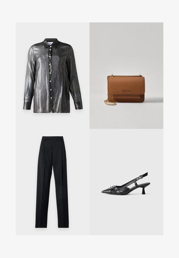 Sort, blank skjorte med en blank overflade, lange ærmer og en klassisk krave. Har hvide knapper foran.; Sorte bukser lavet af glat stof, der har høj talje, brede ben, frontfolder og klassiske bælteløkker. Ingen synlige sidelommer.; Sort lædersandal med spids tå, dekorative stropper med metaløjer og en lav blokhæl. Struktureret overflade.; Brun tekstureret læder crossover-taske med guldkæde-rem og klaplukning. Forsiden har logo-detalje og en lomme under klappen.