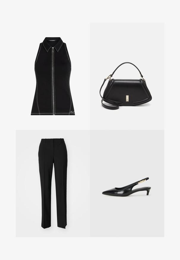 Black sleeveless top with a collared neckline, featuring a front zipper and contrasting white stitching details. Smooth, stretchy fabric.; Black tailored trousers with a straight-leg design, featuring a smooth texture and crisp creases along the front. No visible hardware.; Black leather slingback heels with a pointed toe, featuring a slim heel and a gold-tone accent on the adjustable strap. Smooth texture.; Black leather handbag with a structured design, featuring a cropped shape, top handle, and gold hardware accent. Adjustable shoulder strap included.