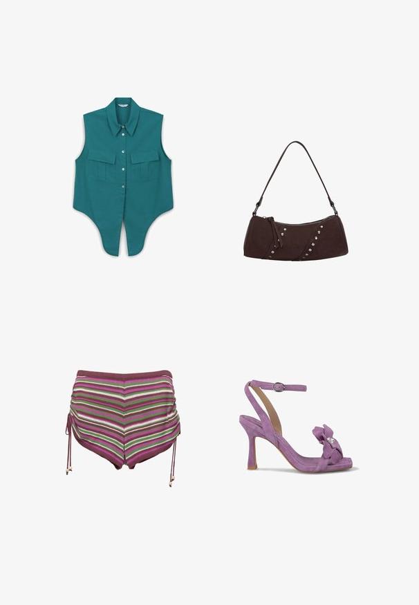 Camicia senza maniche color turchese con colletto a punta, due tasche a toppa anteriori e orlo curvo. Realizzata in un tessuto liscio e presenta chiusure con bottoni.; Costume da bagno a righe in tonalità di rosa, verde e marrone. Presenta fianchi con coulisse e un tessuto morbido e elasticizzato.; Sandalo con tacco alto in suede viola, dotato di una cinghia alla caviglia. Presenta un'elegante decorazione floreale con dettaglio in strass sulla punta.; Borsa a tracolla in finta pelle marrone con forma curva, chiusura con zip e borchie decorative argentate su un lato. Presenta una spallina corta.