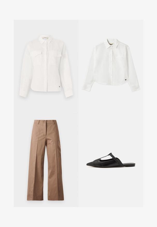 Camisa branca de botão feita de tecido leve, com dois bolsos no peito, colarinho pontudo e bainha arredondada. Detalhe de textura subtil.; Camisa branca de manga longa cropped em algodão. Apresenta fecho com botões na frente, um bolso no peito e um pequeno logotipo preto no canto inferior esquerdo.; Calças largas castanhas feitas de um tecido suave, com fecho frontal por botão, dois bolsos frontais e linhas limpas e ajustadas.; Sapatilha slingback em couro preto com bico pontudo, apresentando um detalhe trançado e um design superior plissado. Sola plana com hardware mínimo.