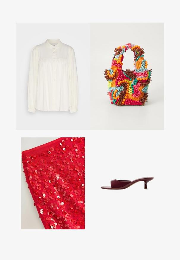 Hvid langærmet bluse med høj hals, knaplukning og rynkede detaljer ved skuldrene. Fremstillet af et letvægtsstof.; Rød stof dækket af skinnende røde pailletter formet som blomster, med varierende størrelser og teksturer, der skaber et lagdelt, tekstureret udseende.; M bordeaux åben tå slide sandal med en glat finish, en lav kitten hæl og et minimalistisk design med en blød, buet form.; Perlebroderet taske med livlige farver: pink, orange, blå og brun. Struktureret overflade med runde perler og organiske former, solide håndtag.