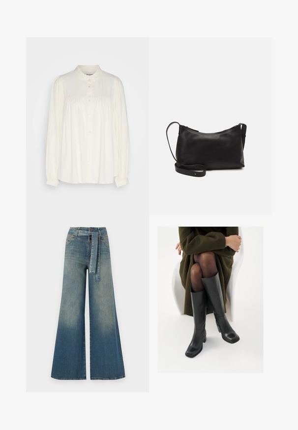 Blusa blanca de manga larga con un alto cuello, cierre de botones y detalles fruncidos en los hombros. Confeccionada con un tejido ligero.; Pantalones de mezclilla de pierna ancha con un degradado de azul claro a oscuro, cintura alta, trabillas para cinturón y un cinturón de tela a juego. Acabado de mezclilla texturizada.; Botas de cuero negro hasta la rodilla con puntera cuadrada y tacón de bloque, presentadas con un modelo sentado en un abrigo verde oliva. Textura suave, mínimo detalle.; Bolso de hombro de cuero negro con una textura suave, forma curvada, correa ajustable y cierre con cremallera. Diseño minimalista sin adornos.; Pendientes de aro de oro, cuatro piezas, acabado suave, diseño redondeado, con tamaños variados, que cuentan con un cierre articulado para una fácil colocación.